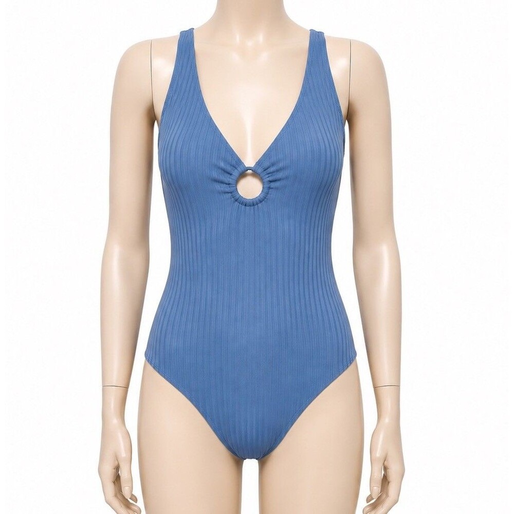 Kona Sol Womens XL Blue Ribbed One Piece Swimsuit Padded Plunge O Ring Open Back